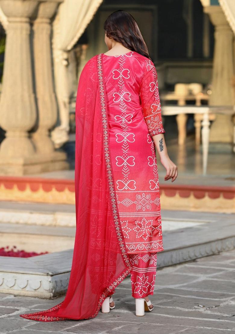 Dark Peach Embroidery Chinon Kurta Set - Indya