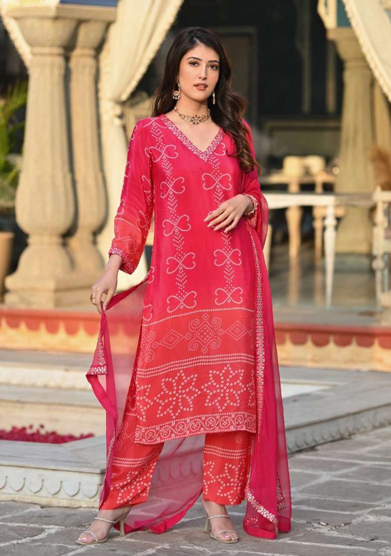 Dark Peach Embroidery Chinon Kurta Set - Indya