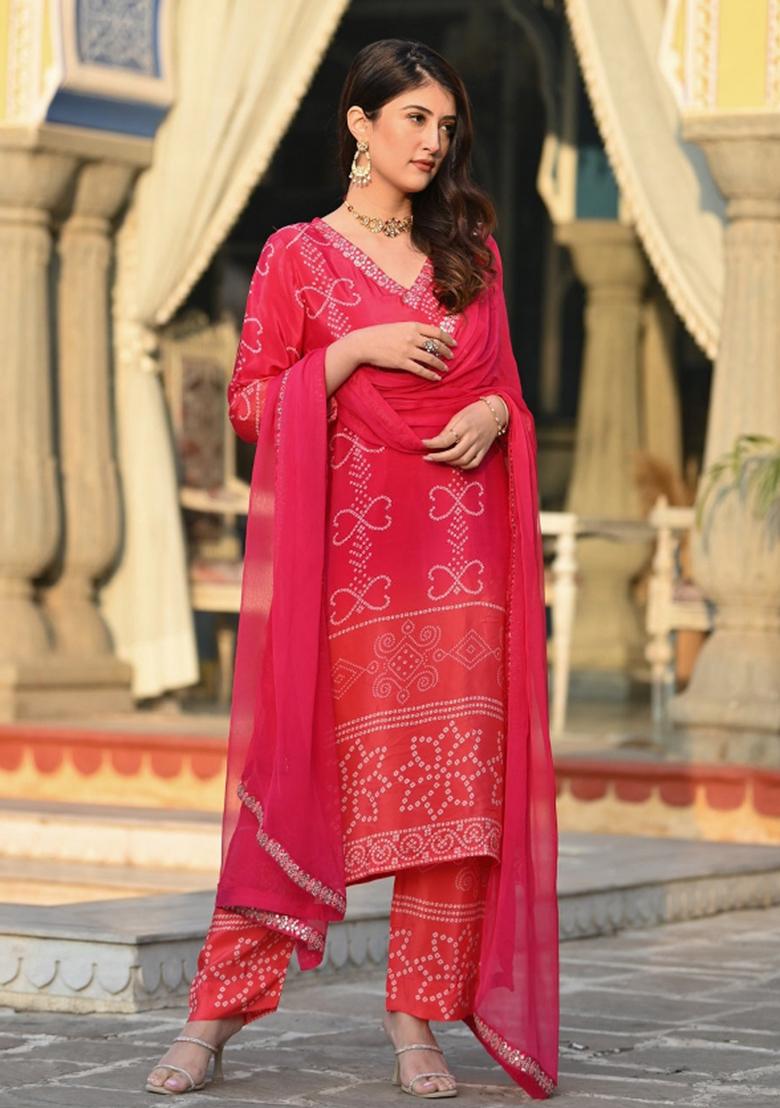 Dark Peach Embroidery Chinon Kurta Set - Indya