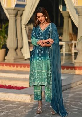 Dark Olive Embroidery Chinon Kurta Set