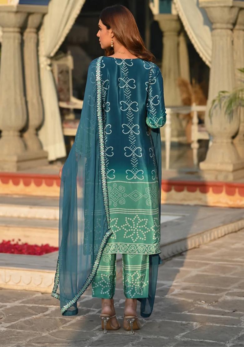 Dark Olive Embroidery Chinon Kurta Set - Indya