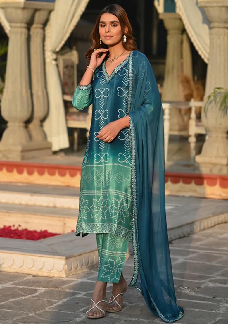 Dark Olive Embroidery Chinon Kurta Set - Indya