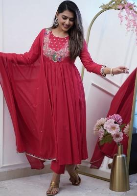 Maroon Embroidery Chinon Kurta Set