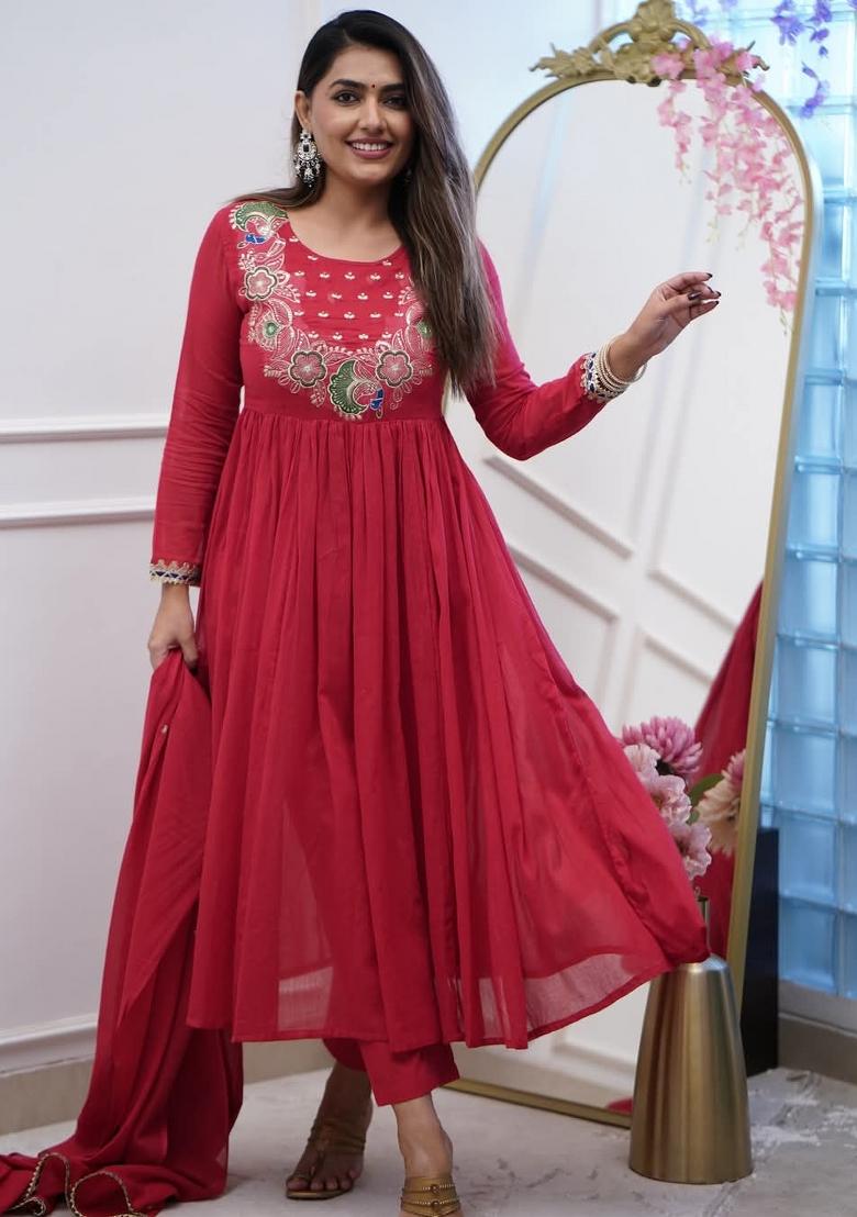 Maroon Embroidery Chinon Kurta Set - Indya