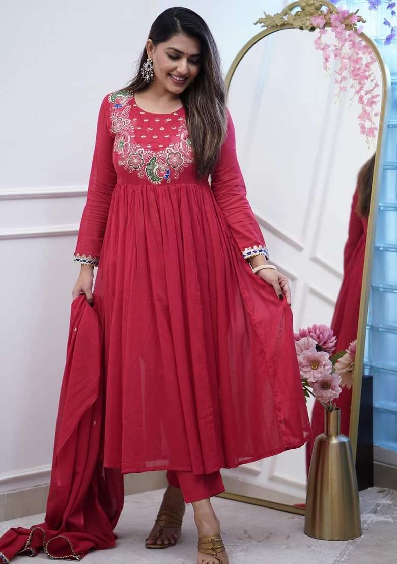 Maroon Embroidery Chinon Kurta Set - Indya