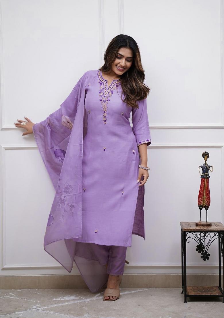 Lavender Embroidery Rayon Kurta Set - Indya