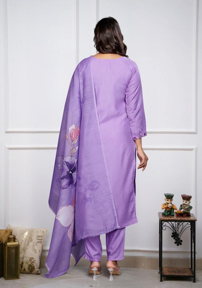Lavender Embroidery Rayon Kurta Set - Indya