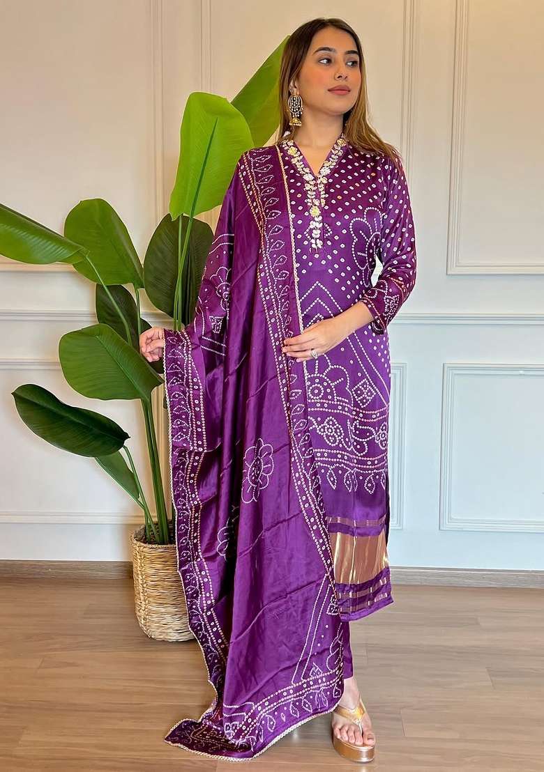 Purple Embroidery Viscose Kurta Set - Indya
