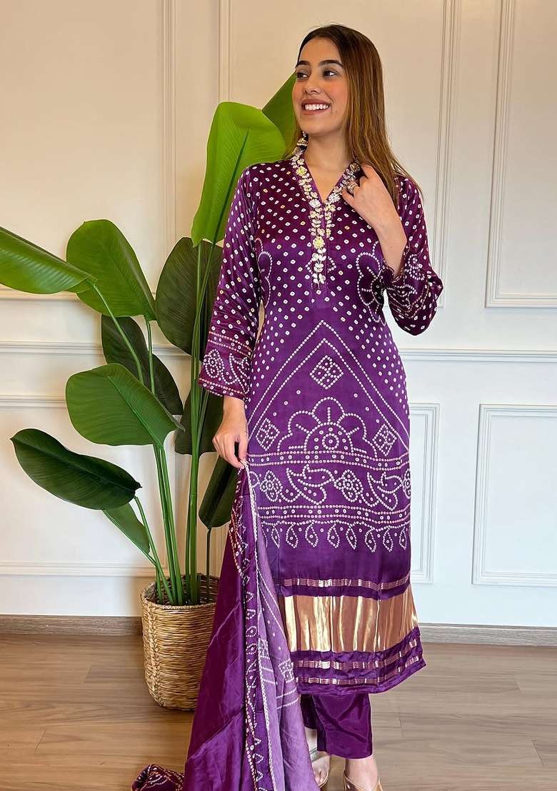 Purple Embroidery Viscose Kurta Set - Indya