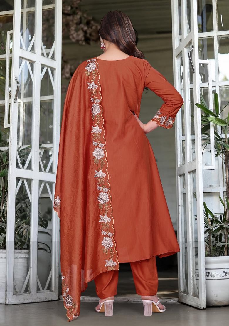 Orange Embroidery Rayon Kurta Set - Indya