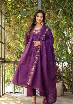 Purple Embroidery Rayon Kurta Set