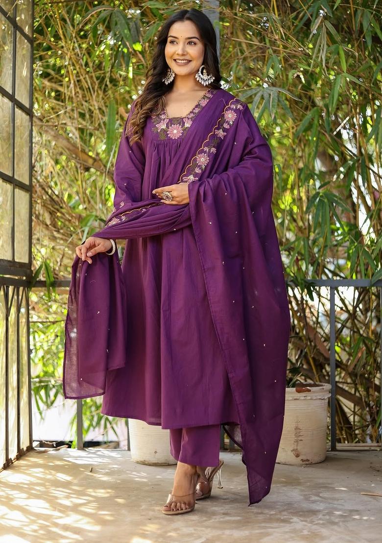 Purple Embroidery Rayon Kurta Set - Indya