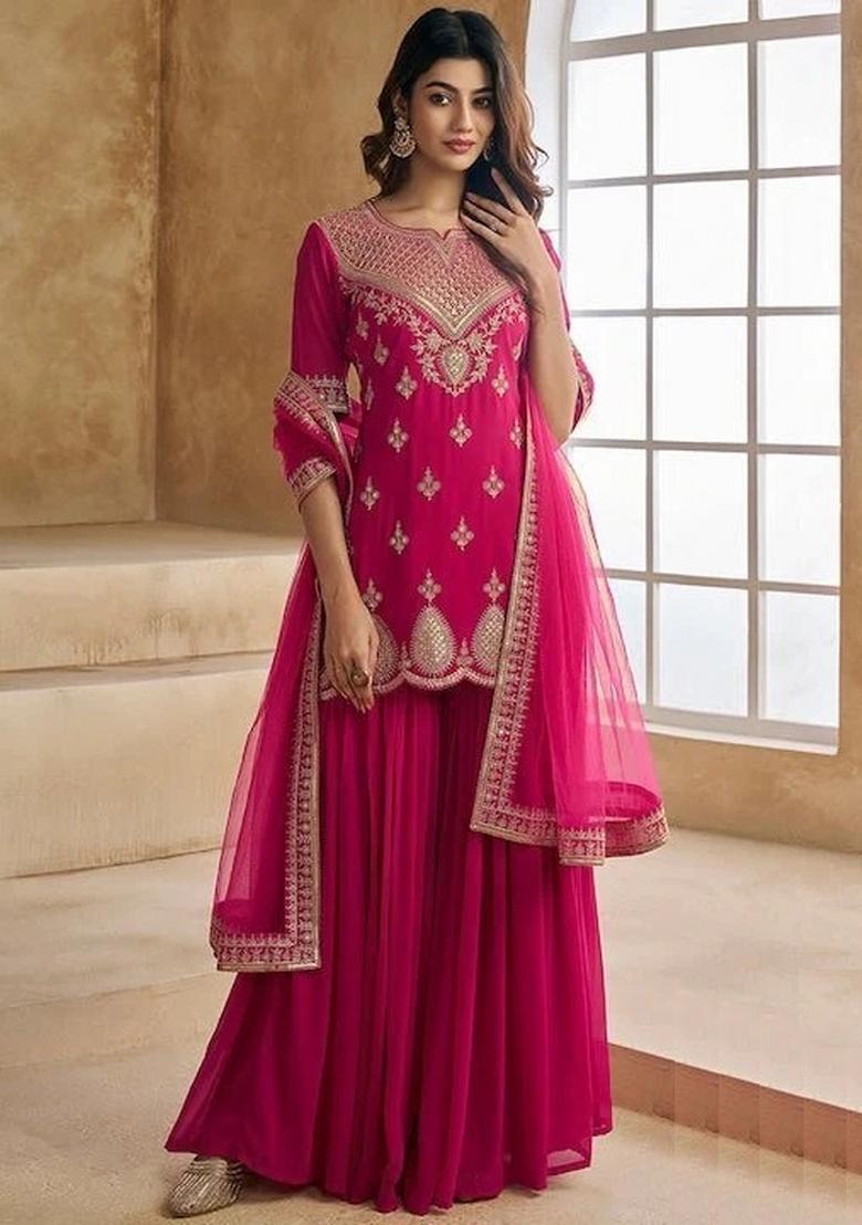 Pink Embroidery Georgette Kurta Set - Indya