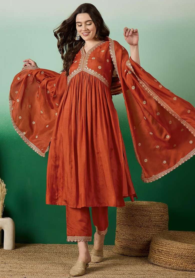 Orange Embroidery Muslin Kurta Set - Indya