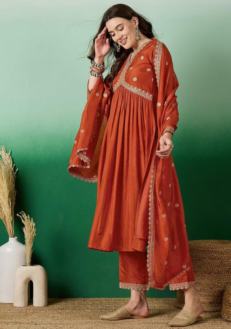 Orange Embroidery Muslin Kurta Set - Indya