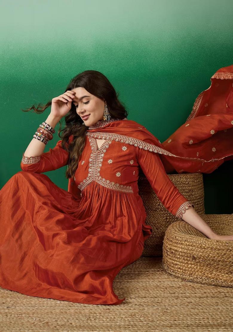 Orange Embroidery Muslin Kurta Set - Indya