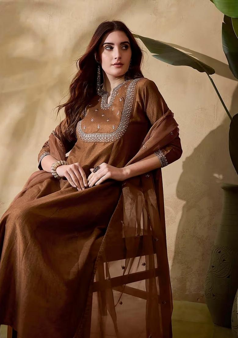 Brown Embroidery Silk Kurta Set - Indya