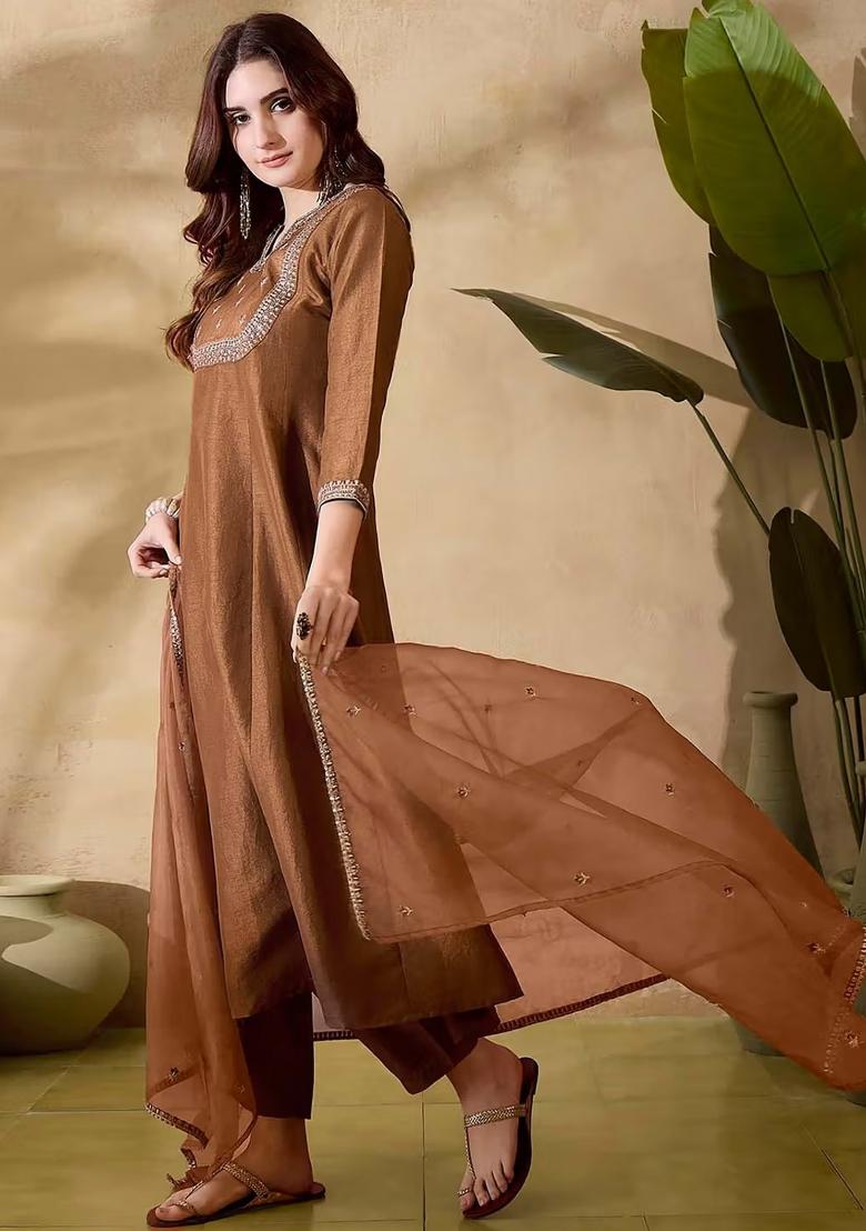 Brown Embroidery Silk Kurta Set - Indya