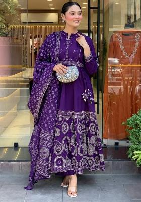 Purple Embroidery Muslin Kurta Set