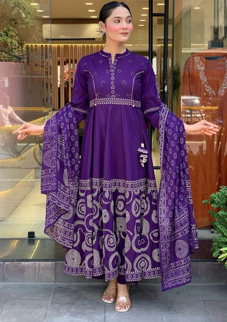 Purple Embroidery Muslin Kurta Set - Indya