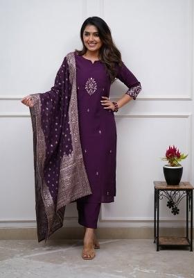 Wine Embroidery Silk Kurta Set