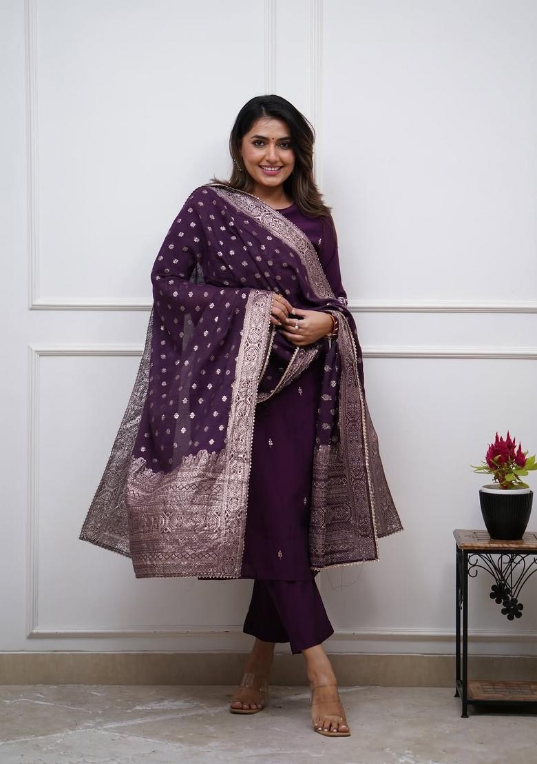 Wine Embroidery Silk Kurta Set - Indya