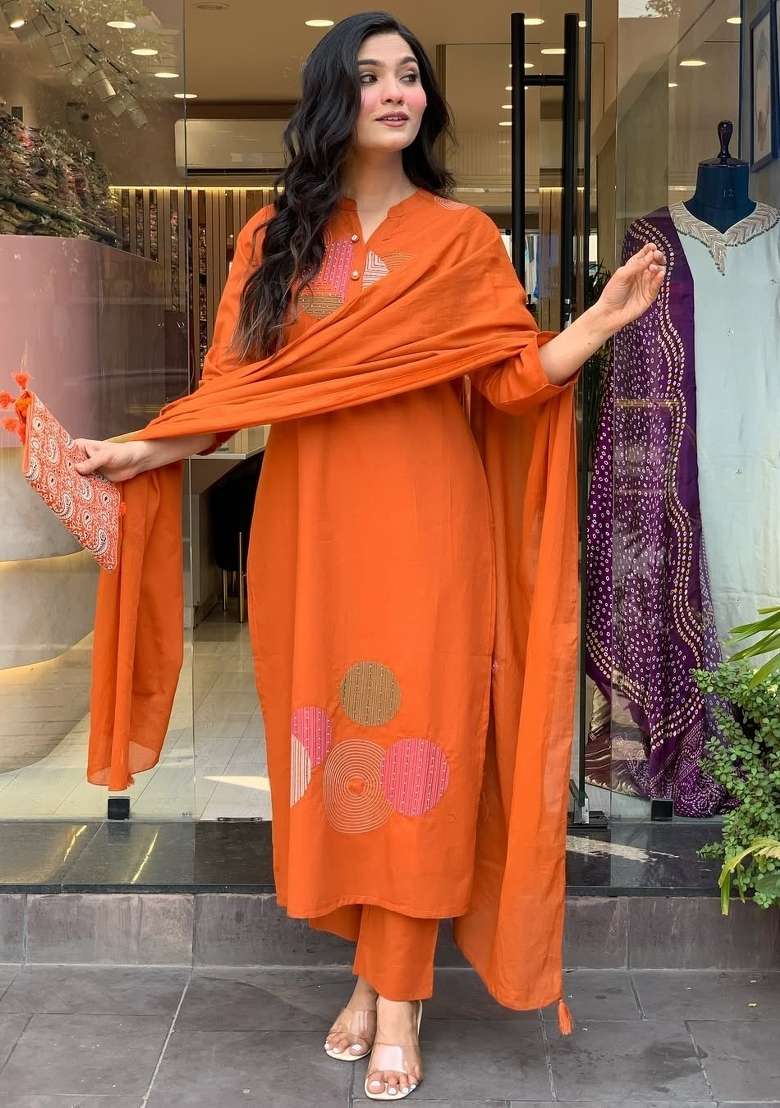 Orange Embroidery Rayon Kurta Set - Indya