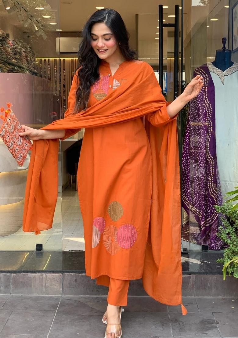Orange Embroidery Rayon Kurta Set - Indya