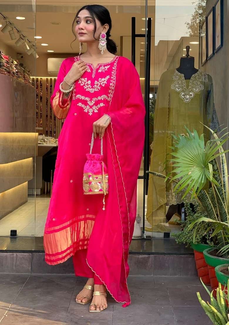 Pink Embroidery Viscose Kurta Set - Indya