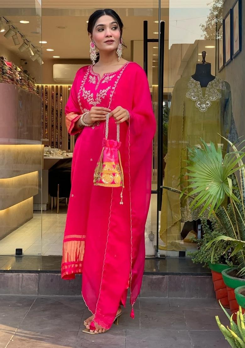 Pink Embroidery Viscose Kurta Set - Indya