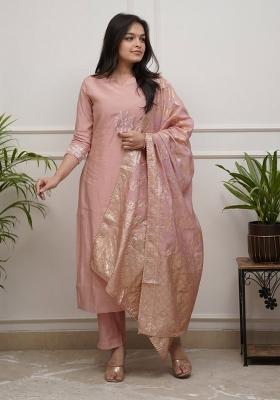 Peach Embroidery Silk Kurta Set