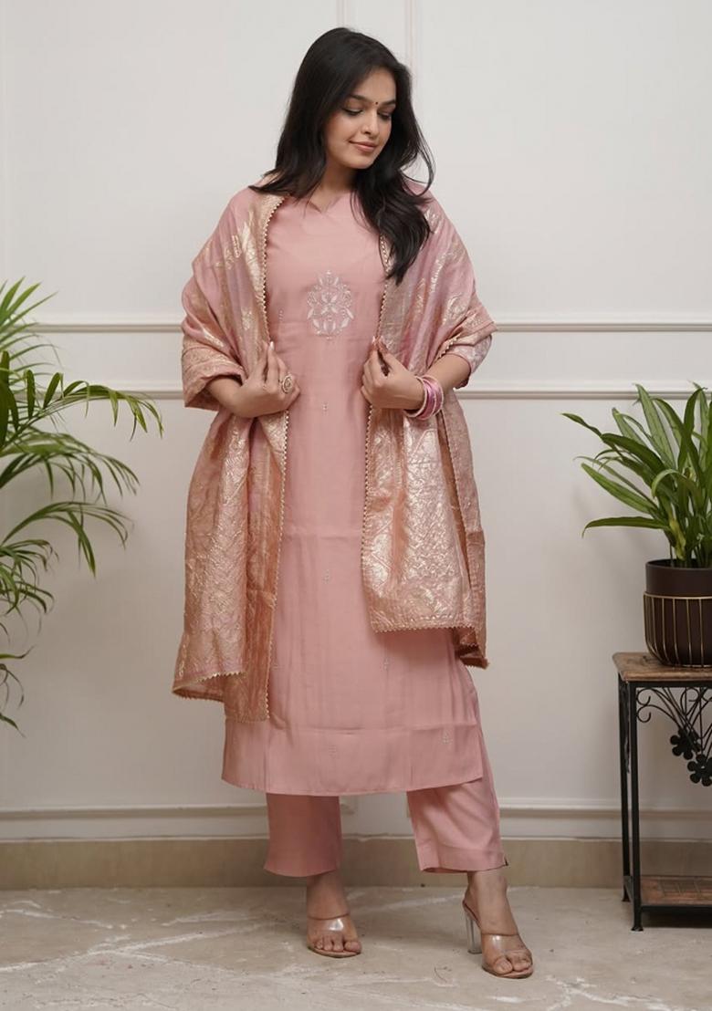 Peach Embroidery Silk Kurta Set - Indya