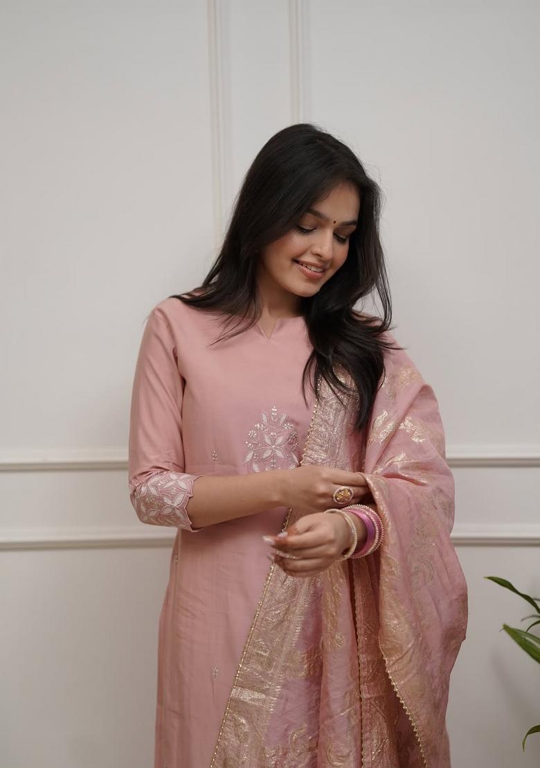 Peach Embroidery Silk Kurta Set - Indya