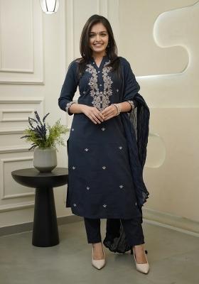 Navy Blue Embroidery Rayon Kurta Set