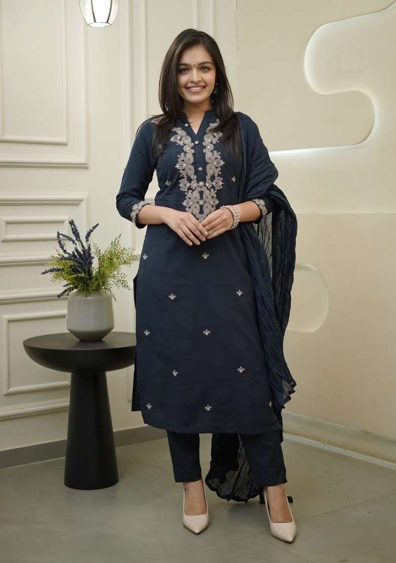 Navy Blue Embroidery Rayon Kurta Set - Indya