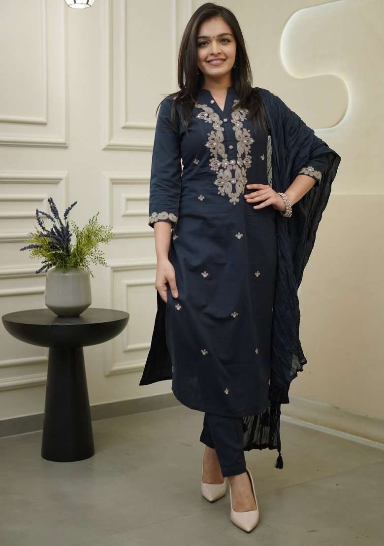 Navy Blue Embroidery Rayon Kurta Set - Indya