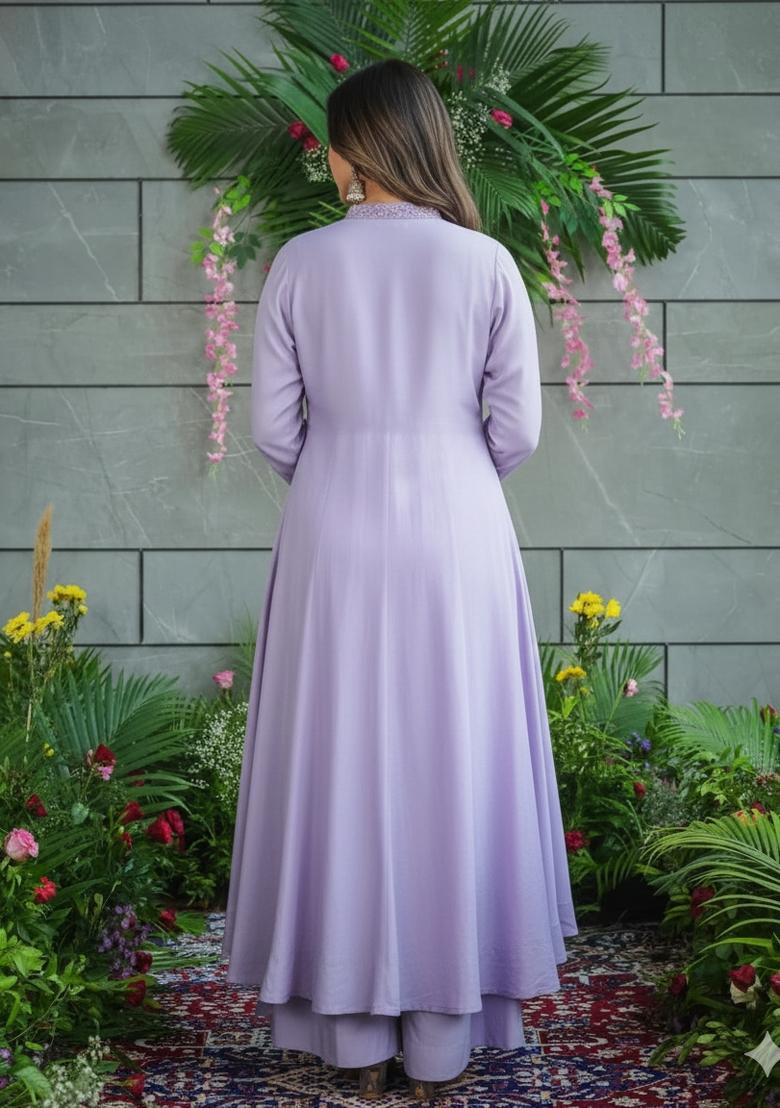 Lavender Embroidery Muslin Kurta Set - Indya