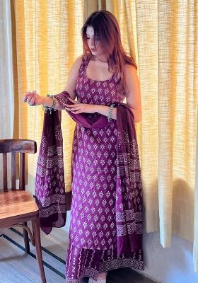 Purple Embroidery Rayon Kurta Set