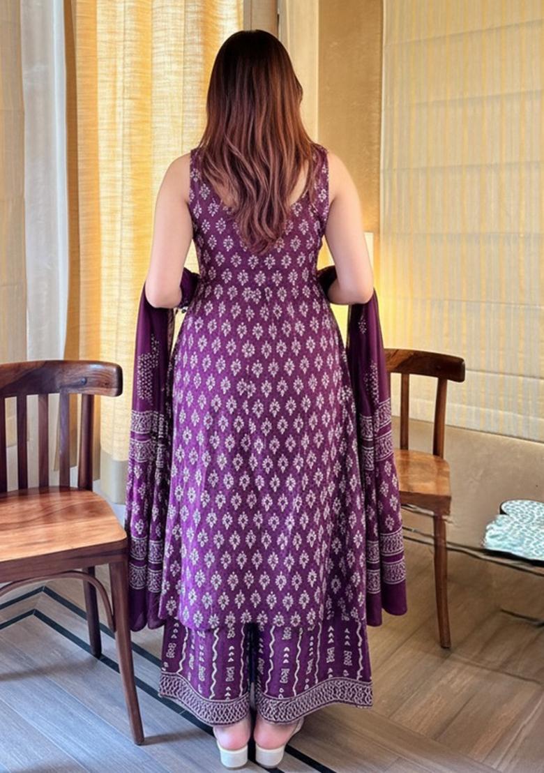 Purple Embroidery Rayon Kurta Set - Indya