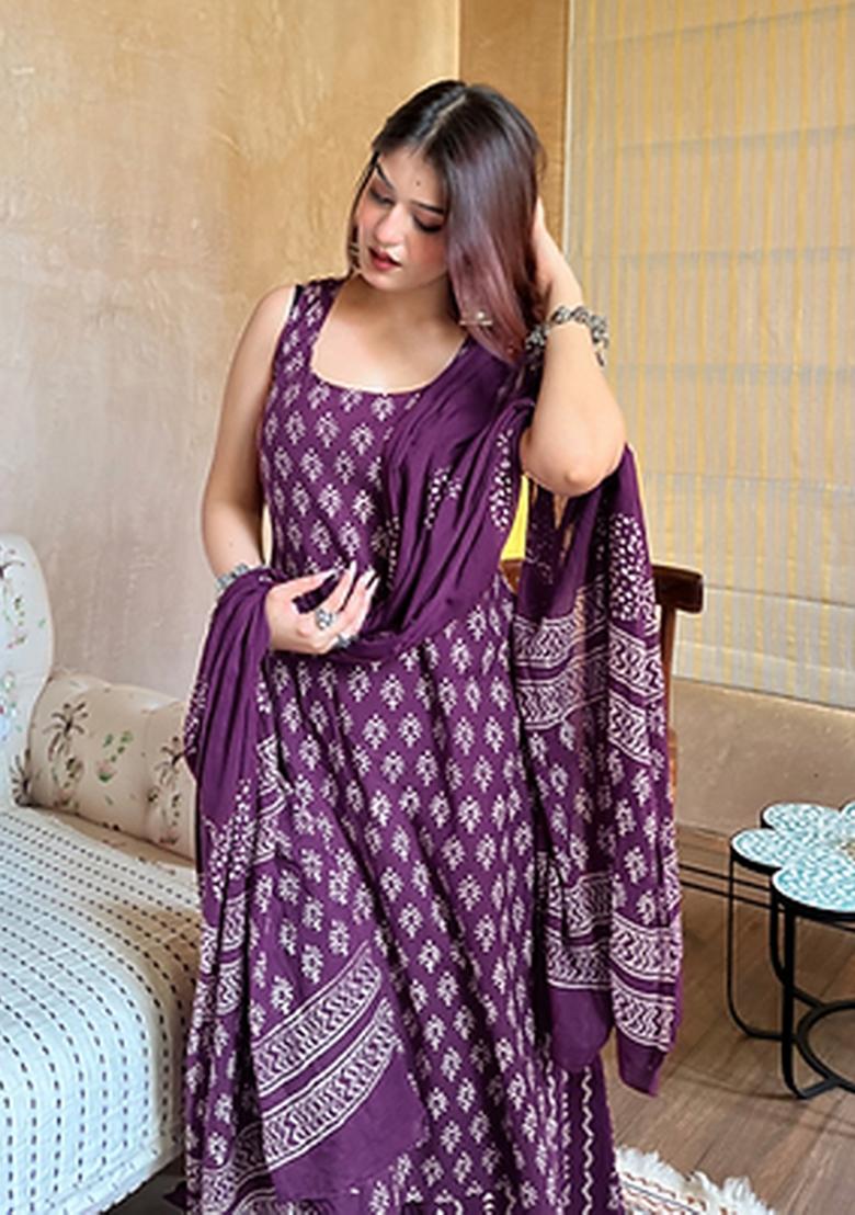 Purple Embroidery Rayon Kurta Set - Indya