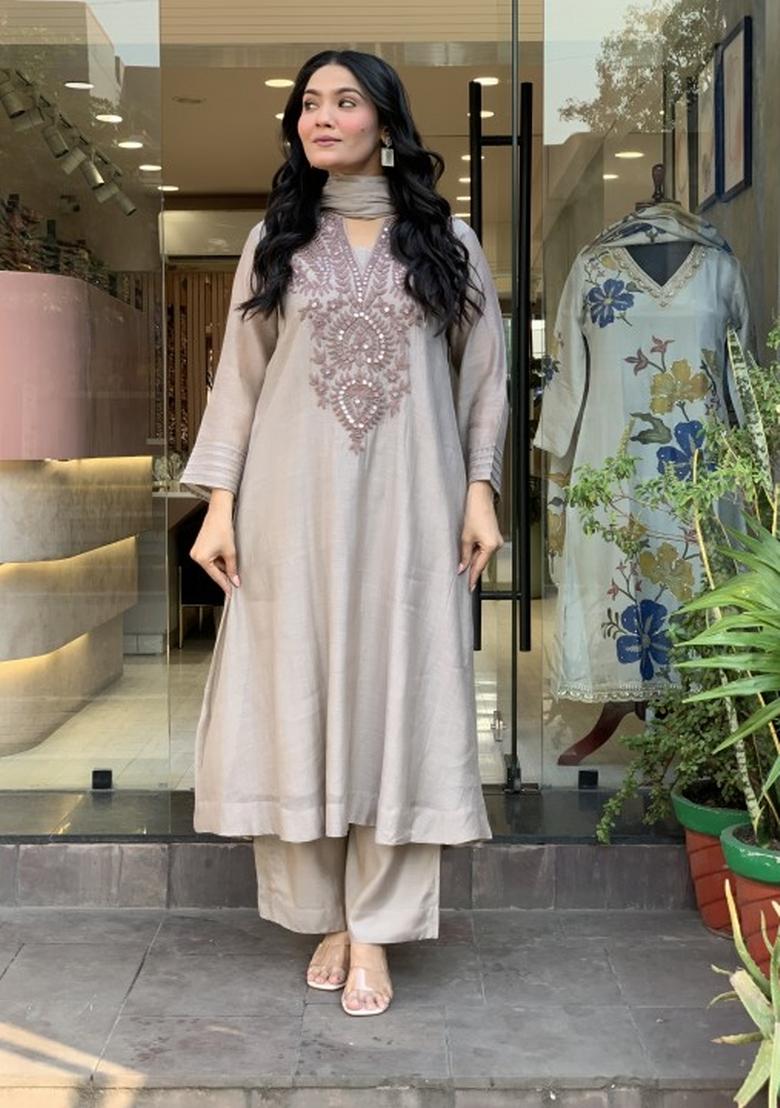 Grey Melange Embroidery Muslin Kurta Set - Indya
