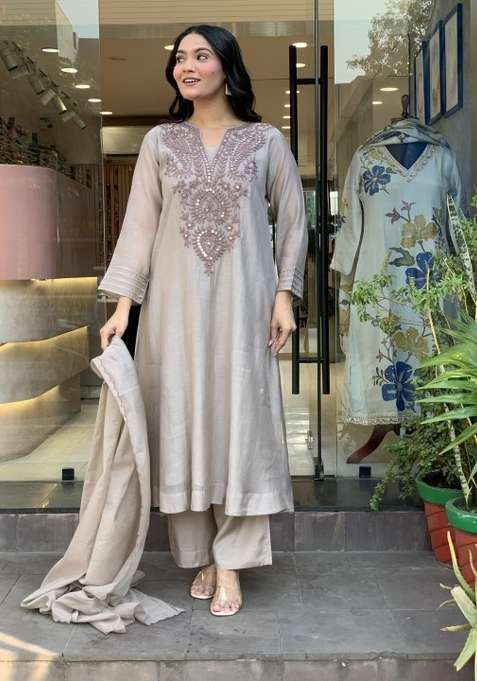 Grey Melange Embroidery Muslin Kurta Set