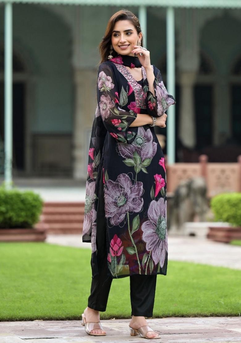 Black Embroidery Georgette Kurta Set - Indya