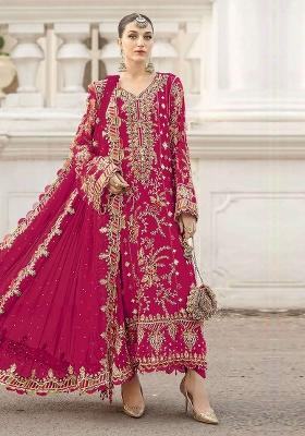 Red Embroidery Chiffon Kurta Set