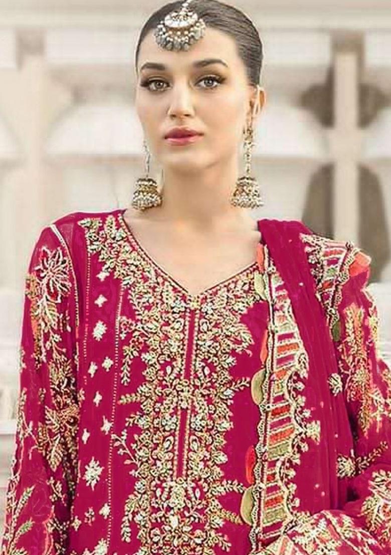 Red Embroidery Chiffon Kurta Set - Indya