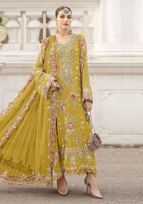 Yellow Embroidery Chiffon Kurta Set