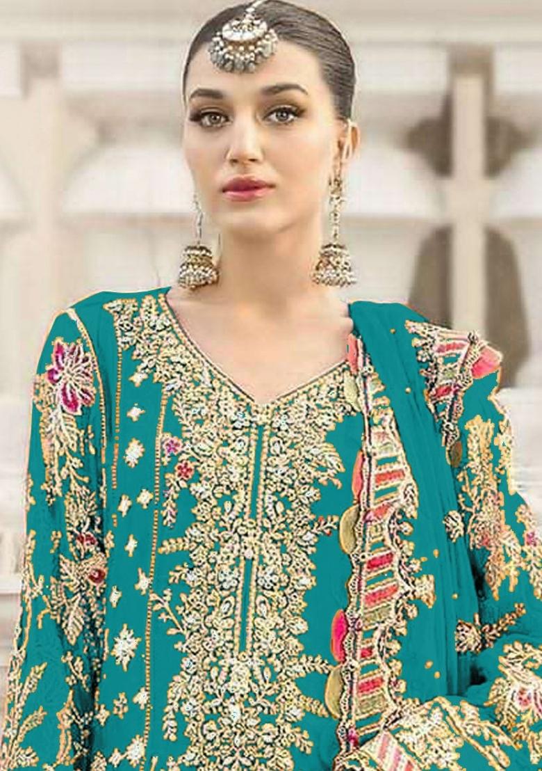 Sky Blue Embroidery Chiffon Kurta Set - Indya