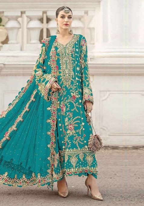 Sky Blue Embroidery Chiffon Kurta Set