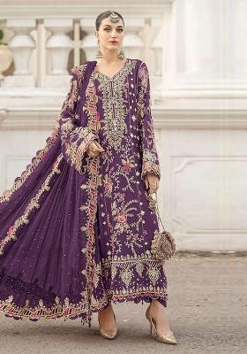 Purple Embroidery Chiffon Kurta Set