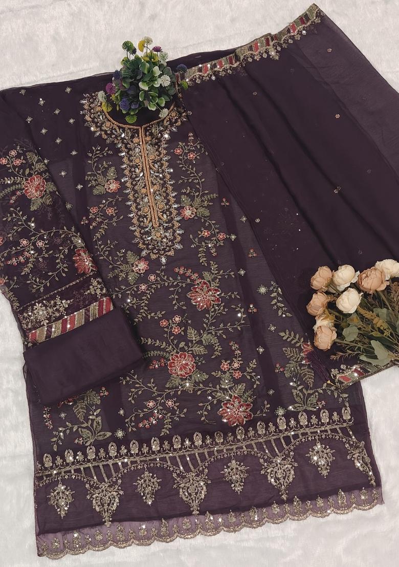 Purple Embroidery Chiffon Kurta Set - Indya